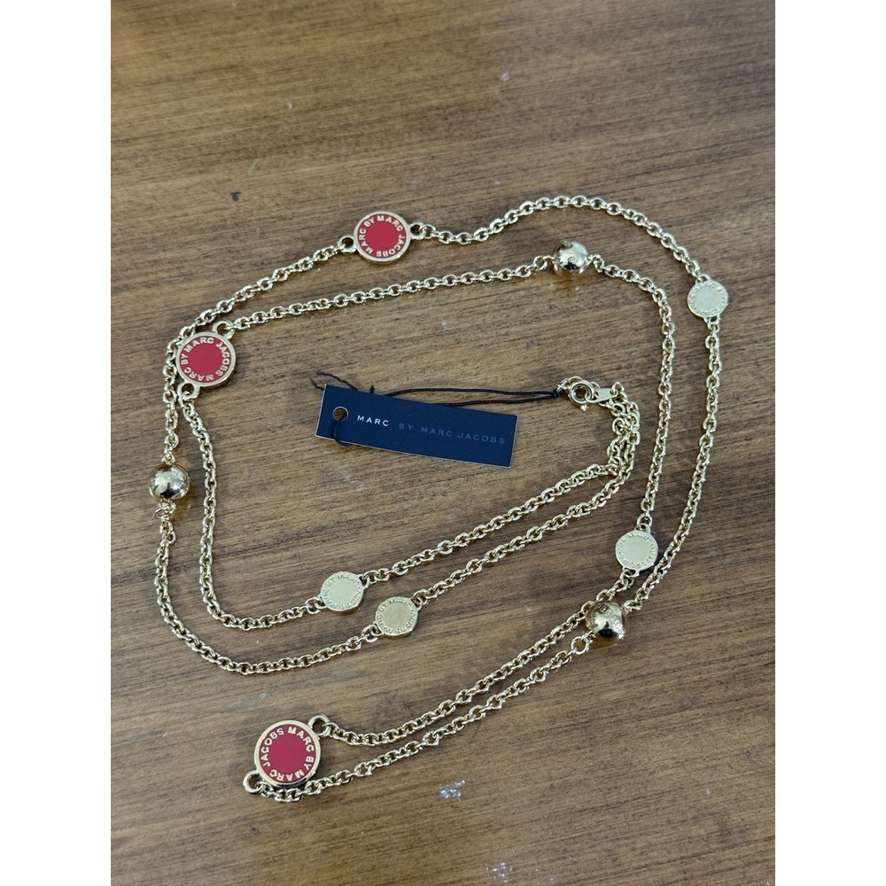 Marc By Marc Jacobs Gold Red Necklace Enamel Pendant 3-Strand Chain Layered